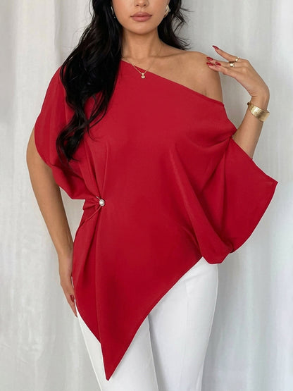 Batwing Sleeves Loose Asymmetric Knot Solid Color One-Shoulder Blouses&Shirts Tops