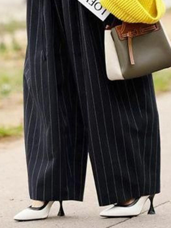 High Waisted Loose Drawstring Pleated Split-Joint Striped Pants Trousers