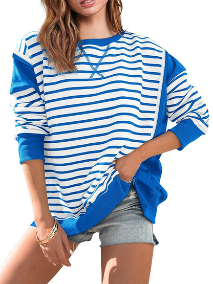 Long Sleeves Loose Split-Joint Striped Round-Neck T-Shirts