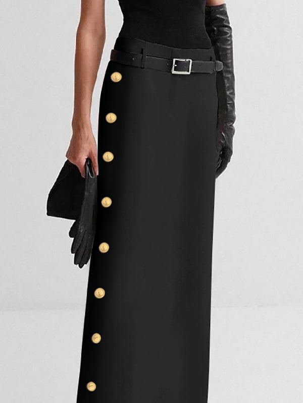 High Waisted Buttoned No Belt Solid Color Skirts Bottoms