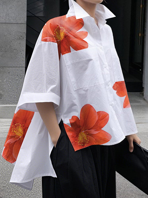 Half Sleeves High-Low Buttoned Flower Print Pockets Split-Side Stand Collar Blouses&Shirts Tops