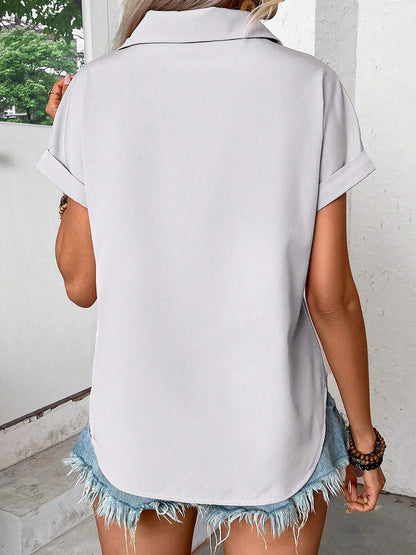 Loose Short Sleeves Buttoned Pleated Solid Color Lapel Blouses&Shirts Tops
