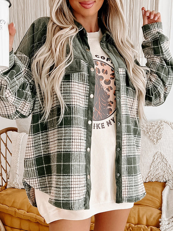 Long Sleeves Loose Buttoned Contrast Color Plaid Split-Joint Lapel Outerwear