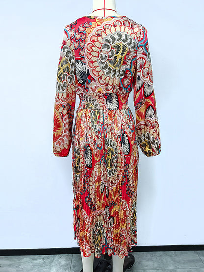 A-Line Bishop Sleeve Elasticity Flower Print Pleated V-Neck Midi Dresses