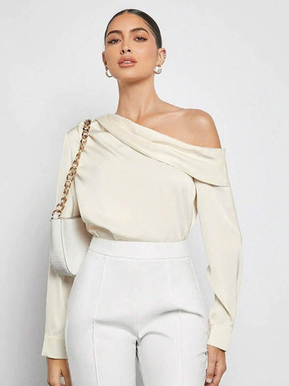 Long Sleeves Skinny Pleated Solid Color Split-Joint One-Shoulder Blouses&Shirts Tops