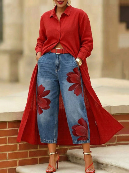 Loose Wide Leg Flower Print No Belt Pockets Jean Pants Bottoms Ninth Pants