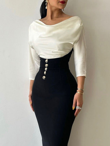 Solid Color Seven-Quarter Sleeves  Blouses Tops & High-Waisted Bodycon Skirts Bottoms Two-Piece Sets