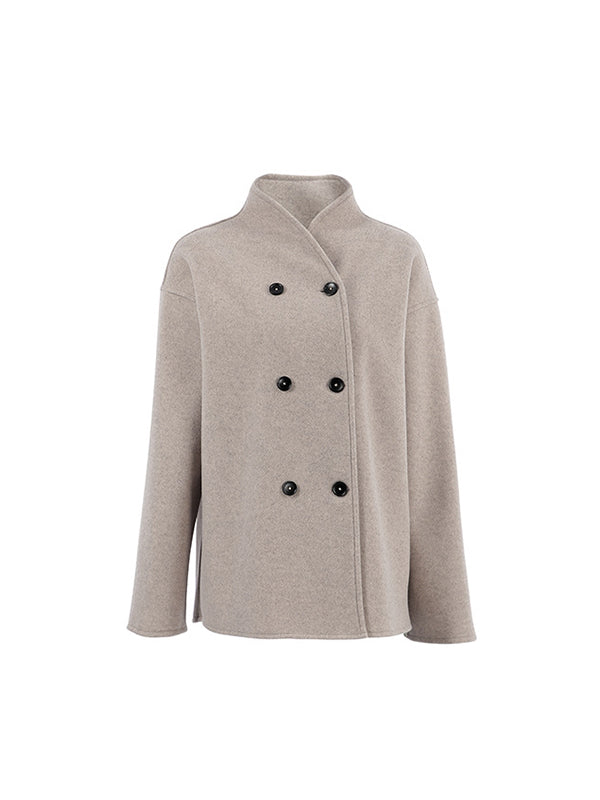 Long Sleeves Loose Buttoned Stand Collar Woolen Coat