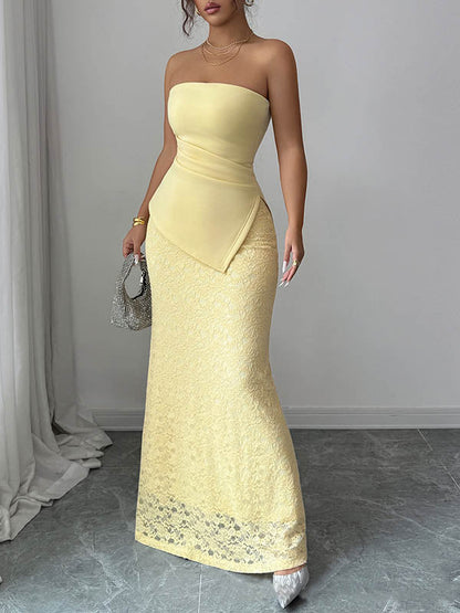 Bodycon Irregularity Lacy Pleated Solid Color Split-Joint Tube Maxi Dresses