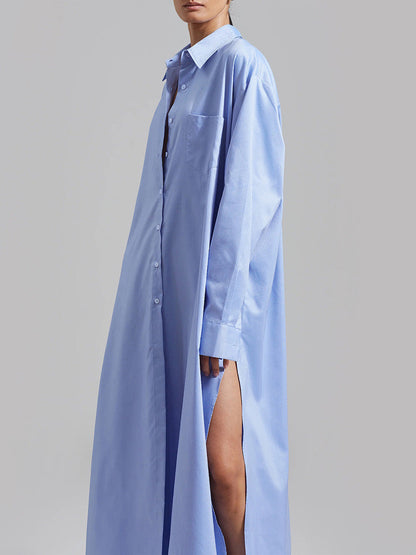 Long Sleeves Loose Buttoned Pockets Solid Color Split-Joint Split-Side Lapel Maxi Dresses Shirt Dress