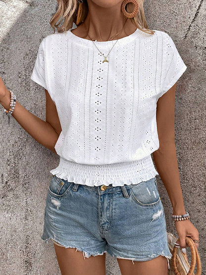 Loose Raglan Sleeve Elasticity Hollow Jacquard Solid Color Round-Neck T-Shirts Tops