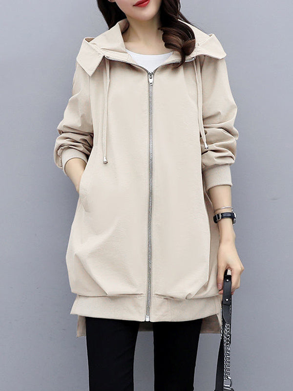 Casual Loose 4 Colors Pleated Zipper Hooded Long Sleeves Outwear