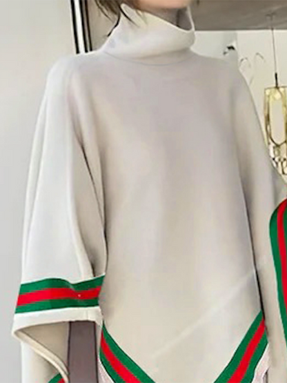 Irregular Clipping Loose Asymmetric Striped High Neck Sweater Tops