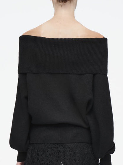Long Sleeves Loose Solid Color Off-The-Shoulder Sweater Tops