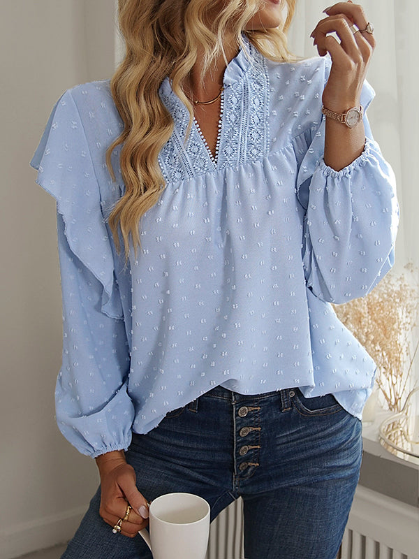 Long Sleeves Loose Elasticity Jacquard Ruffle Trim Solid Color Split-Joint V-Neck Blouses&Shirts Tops