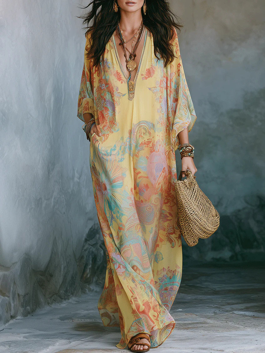 Printed Pockets Loose Contrast Color Plus Size V-neck Maxi Dresses