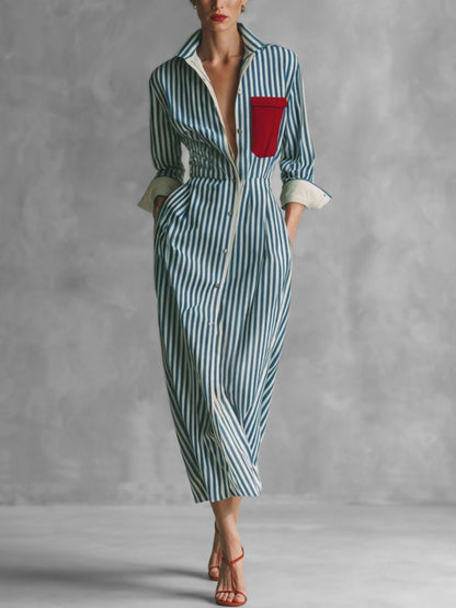 Striped Split-Joint Pockets Contrast Color Buttoned Long Sleeves High Waisted Lapel Midi Dresses