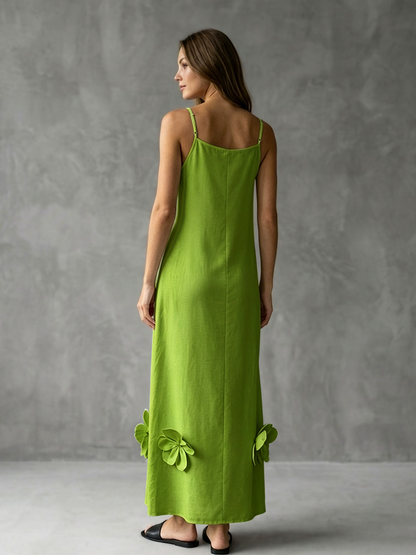 A-Line Loose Pleated Solid Color Split-Joint Three-Dimensional Flower Spaghetti-Neck Midi Dresses