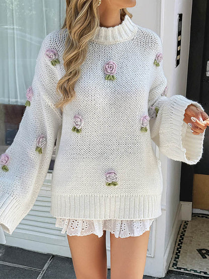 Long Sleeves Loose Contrast Color Split-Joint Three-Dimensional Flower Mock Neck Pullovers Sweater Tops