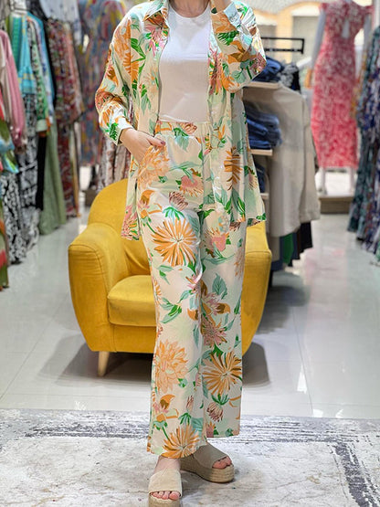 Long Sleeves Buttoned Flower Print Lapel Shirts Top +High Waisted Pants Bottom Two Pieces Set