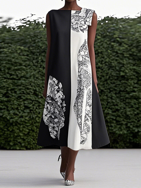 Loose Sleeveless Asymmetric Contrast Color Printed Round-Neck Maxi Dresses