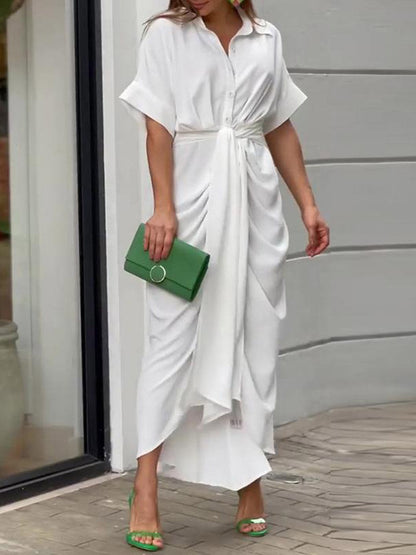 Elasticated Waist High Waisted Buttoned Pleated Solid Color Split-Joint Tied Waist Lapel Maxi Dresses Shirt Dress