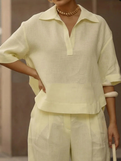 Solid Color Half Sleeves Lapel Blouses&Shirts Tops +  High Waisted Pleated Trousers Pants Two Pieces Set