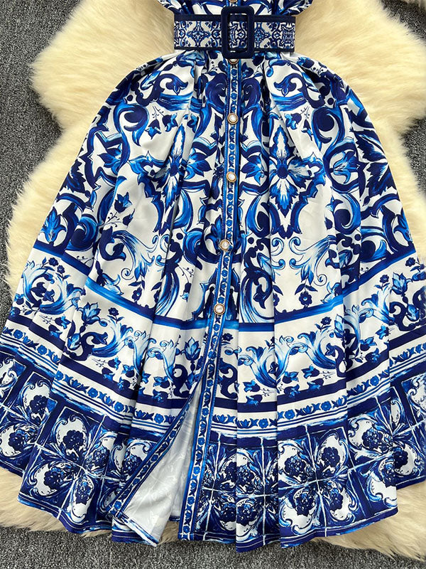 Sleeveless Belt Buckle Buttoned Contrast Color Floral Printed Midi Dresses