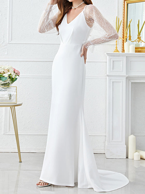 Long Sleeves Mermaid Gauze Split-Joint V-Neck Maxi Dresses