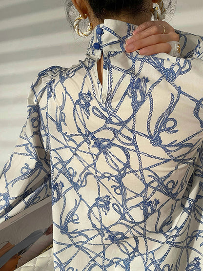 Bishop Sleeve Long Sleeves Buttoned Hollow High-Neck Blouses&Shirts Tops