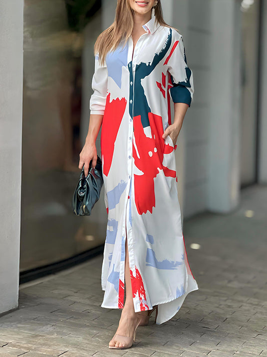 Long Sleeves Loose Printed Lapel Collar Maxi Dresses