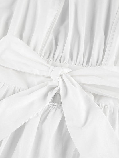 Elasticated Waist High Waisted Pleated Solid Color Split-Joint Tied Waist Round-Neck Blouses&Shirts Tops