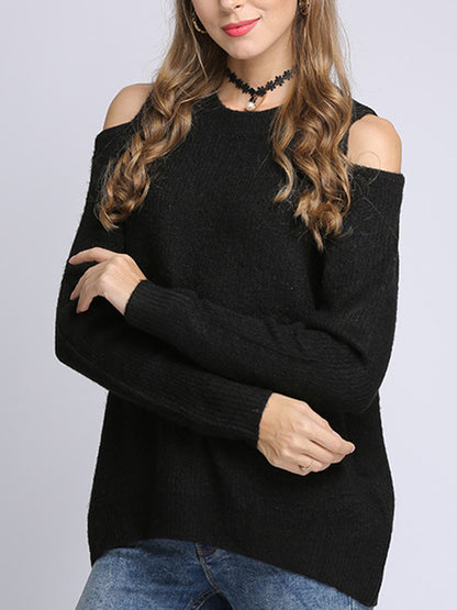Long Sleeves Loose Hollow Solid Color Round-Neck Knitwear Pullovers Sweater Tops
