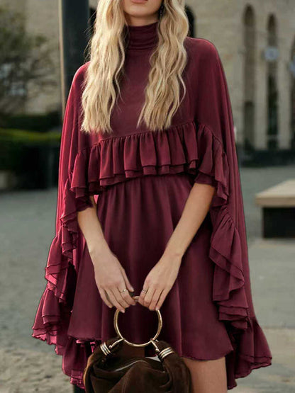 High Waisted Sleeveless Pleated Ruffled Solid Color Split-Joint Tied Mock Neck Mini Dresses Two Pieces Set