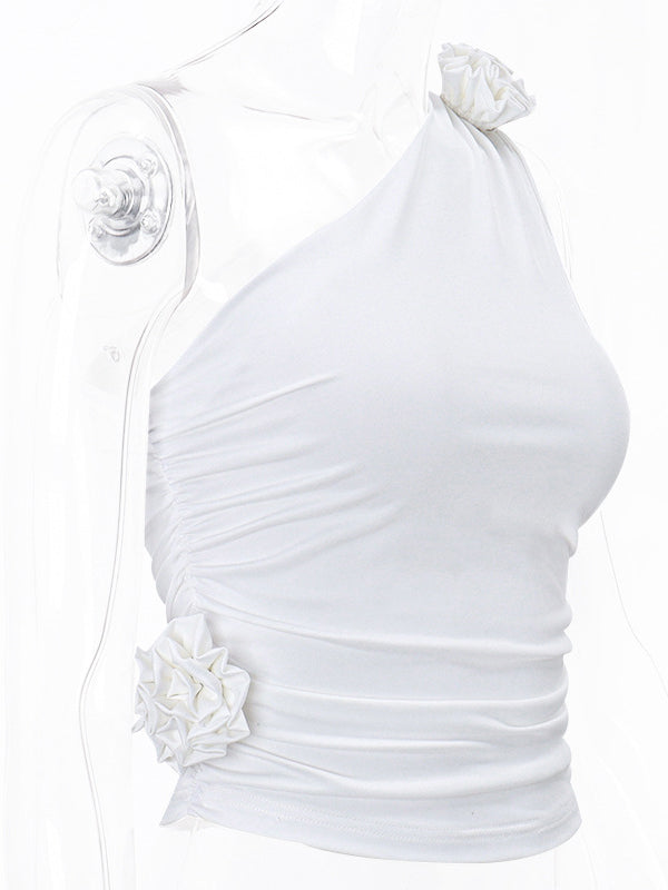 Skinny Sleeveless Asymmetric Pleated Solid Color Three-Dimensional Flower One-Shoulder Vest Top
