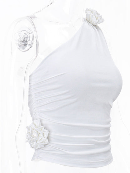 Skinny Sleeveless Asymmetric Pleated Solid Color Three-Dimensional Flower One-Shoulder Vest Top