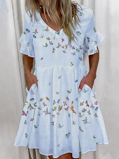 A-Line High Waisted Contrast Color Pleated Pockets Printed Split-Joint V-Neck Midi Dresses