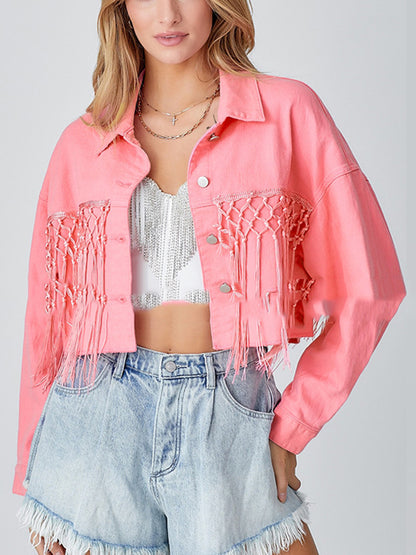 Long Sleeves Loose Sequined Split-Joint Tasseled Lapel Denim Jackets