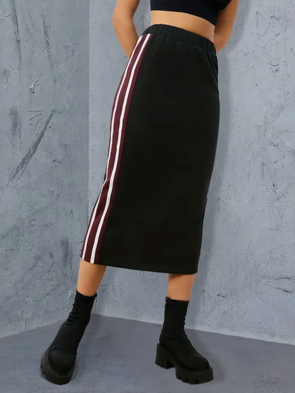 High Waisted Loose Contrast Color Elasticity Pleated Split-Back Split-Joint Striped Skirts Bottoms