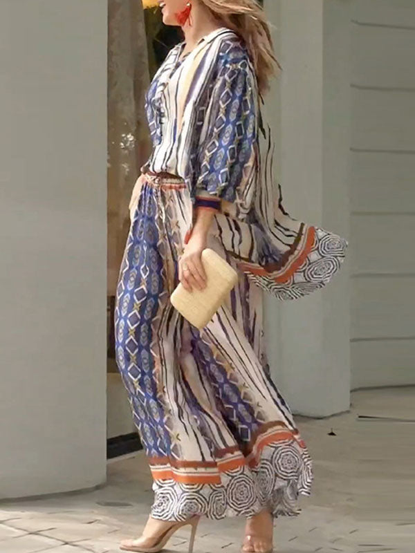 Long Sleeves Loose Printed Lapel Blouses Tops + Drawstring Pockets Pants Bottom Two Pieces Set