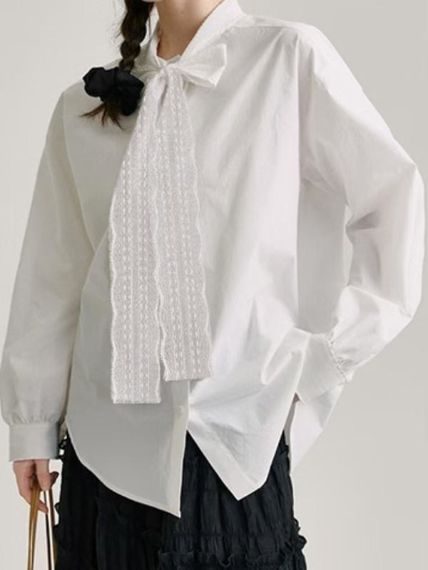 Long Sleeves Buttoned Solid Color Lace Collar Blouses&Shirts Tops