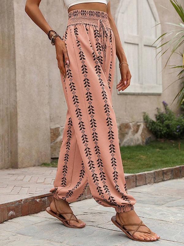 High Waisted Loose Drawstring Elasticity Pleated Printed Knickerbockers Pants Trousers