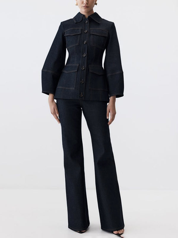 Long Sleeves Puff Sleeves Buttoned Pockets Split-Joint Lapel Outerwear