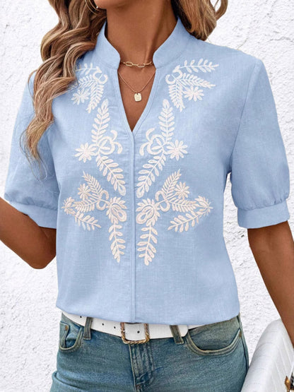 Loose Short Sleeves Flower-Embellished Contrast Color Split-Joint Stand Collar Blouses&Shirts Tops