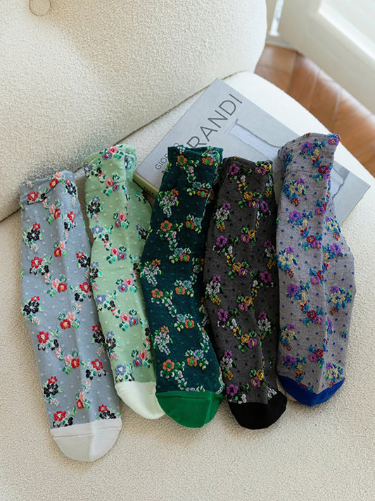 5 Pairs Spring Autumn National Vintage Artsy Jacquard Socks