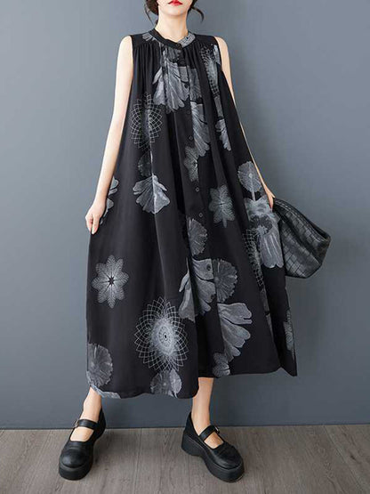 A-Line Loose Buttoned Flower Print Pleated Pockets Round-Neck Midi Dresses