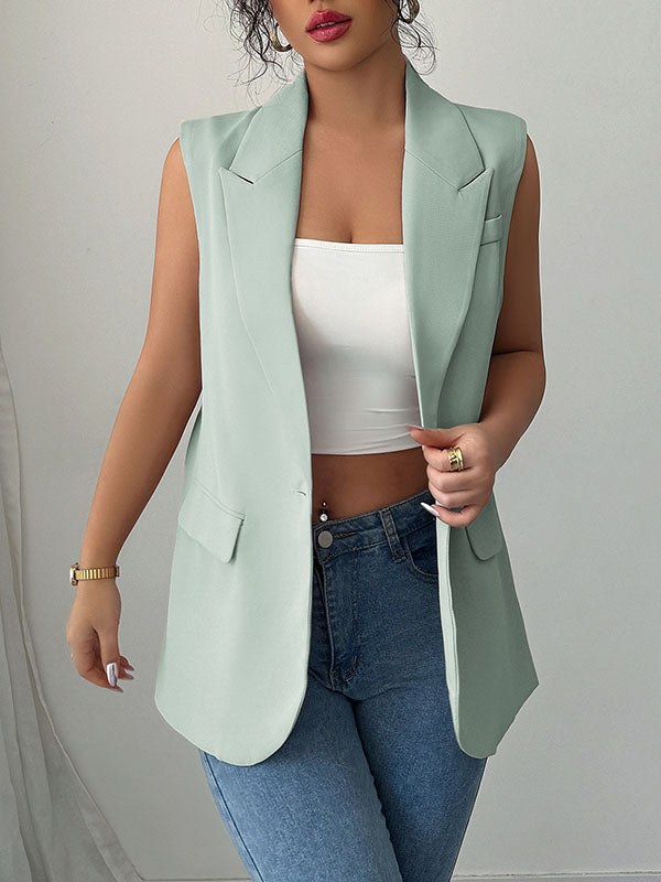 Loose Sleeveless Buttoned Pockets Notched Collar Blazer Vest Top