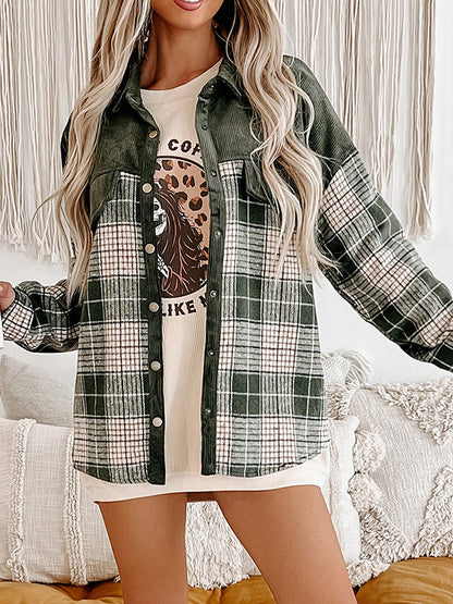 Long Sleeves Loose Buttoned Contrast Color Plaid Split-Joint Lapel Outerwear