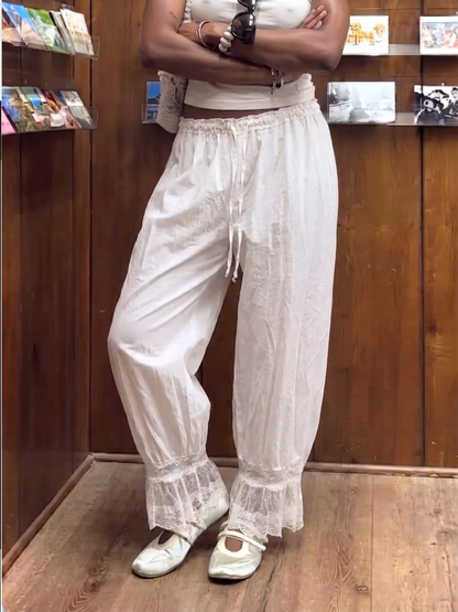 Split-Joint Solid Color See-Through Pockets Elasticity Drawstring High Waisted Trousers Pants