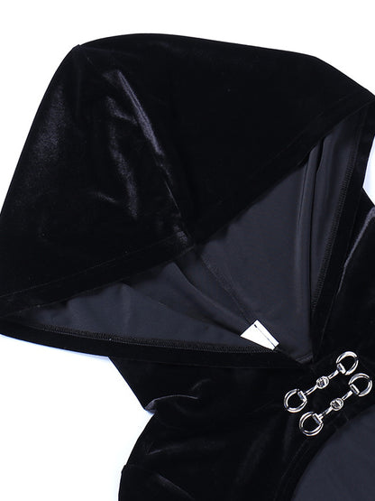Flared Hooded Outer + Hollow Split-Side Midi Dress Two Pieces Set